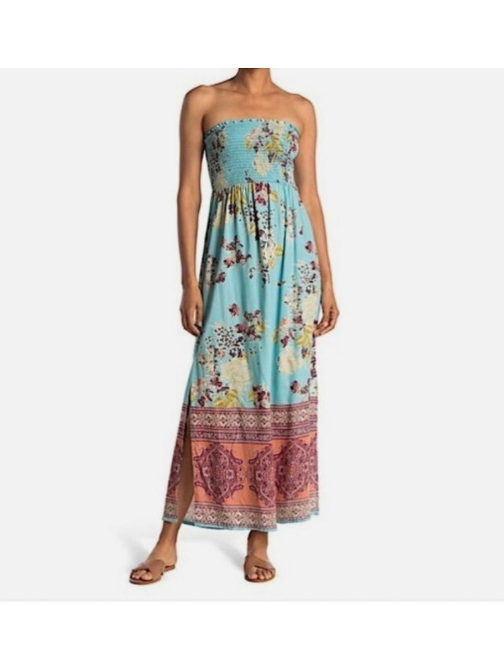 Angie Strapless Maxi Dress Blue Pink Floral Print Size Small NWT